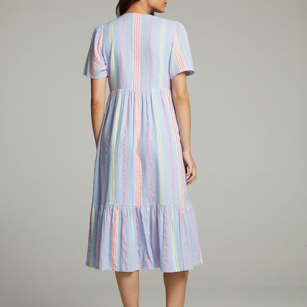 Chaser Beach Stripe Midi Dress Large V Neck Ruffle Bottom NWT - Picture 2 of 5